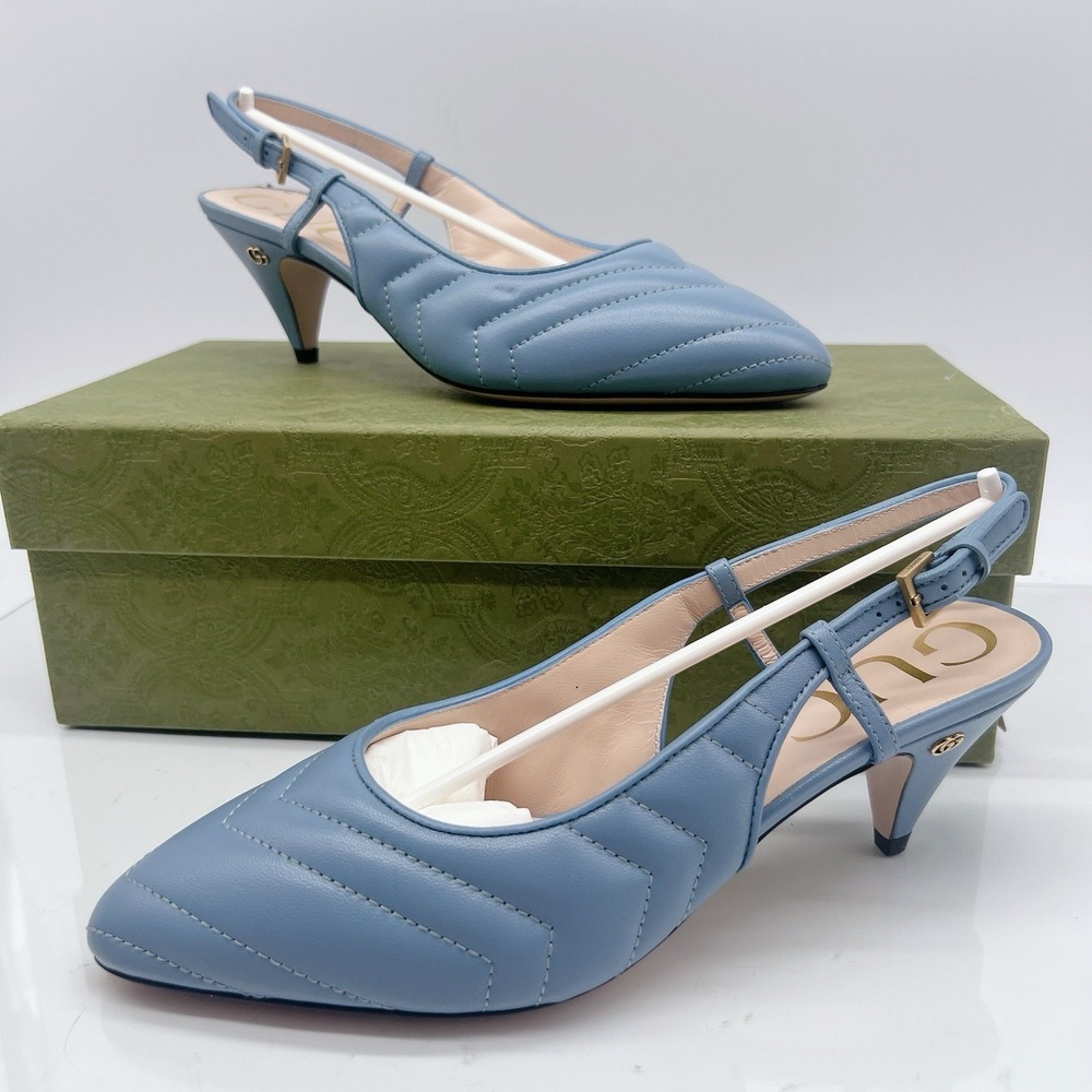 Gucci Chevron Matelasse mini Double G Logo Heel Pump Slingback Blue EU 37 US 7
